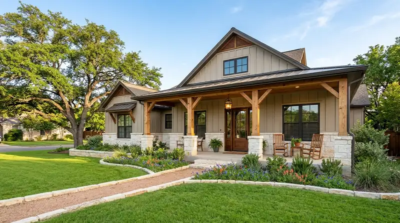 Welcoming Austin Craftsman Hill Country family home with shaded porch and live oaks