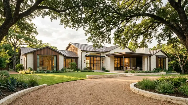Upscale transitional family estate in Rollingwood and Tarrytown with live oak canopy