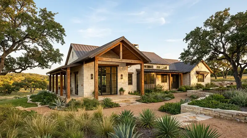 Sprawling Texas Hill Country modern ranch estate with limestone masonry and timber posts